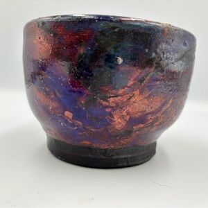 Vintage Raku Handmade Iridescent Pot With Purple And Copper and Green